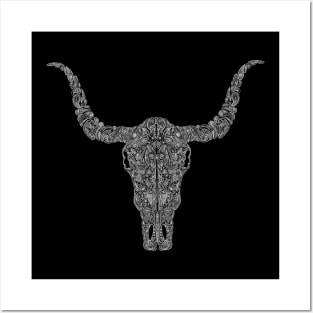 Paisley Bull Skull White Posters and Art